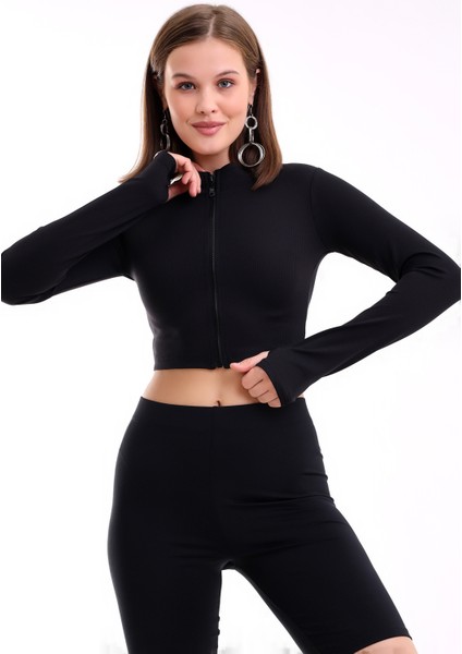 Kadın Fermuarlı ve Parmak Geçirmeli Crop Bluz Fitilli Elestan Kumaş fırsatları