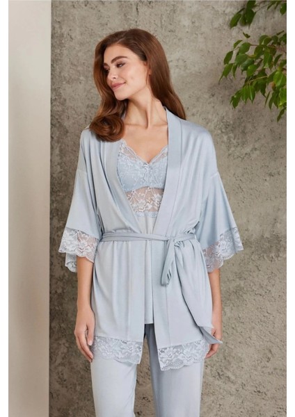 Dantelli Penye 3'lü Kadın Pijama Takımı 2810 - Mist