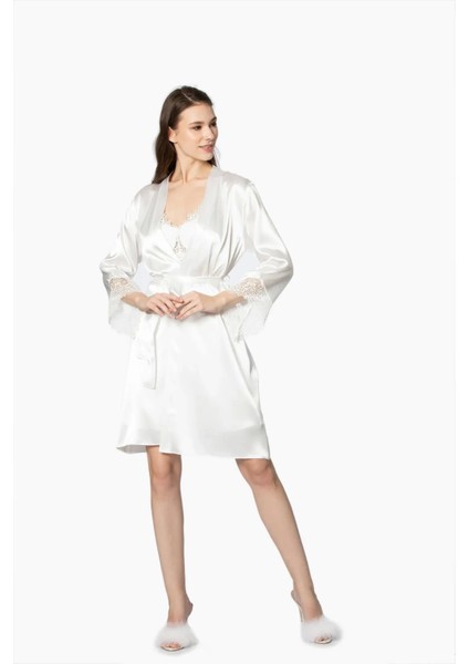 6'lı Saten Gecelik Sabahlık Takım Çeyiz Seti 6040 - Ekru