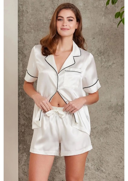 Saten Biyeli Pijama Takımı 1205 - Ekru