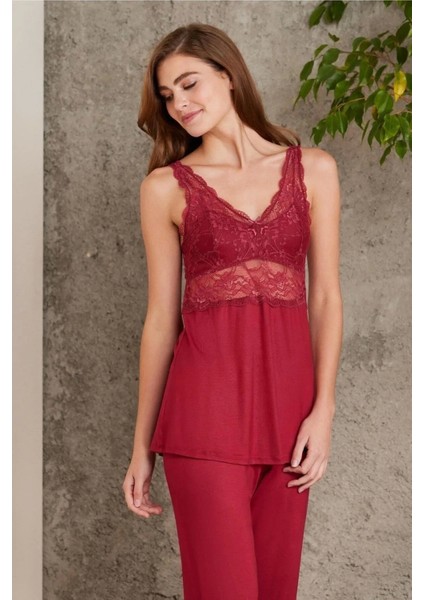 Dantelli Penye 3'lü Kadın Pijama Takımı 2810 - Bordo fiyatları