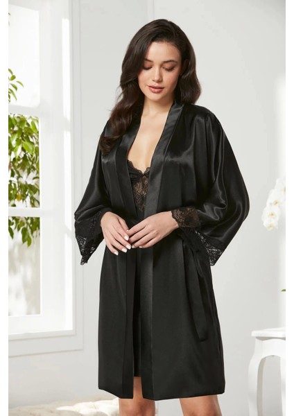 Saten Dantelli Gecelik ve Sabahlık Takımı 4280 - Siyah fiyatları