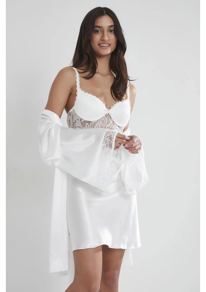 Saten Dantelli Gecelik ve Sabahlık Takımı 4090 - Ekru fiyatları