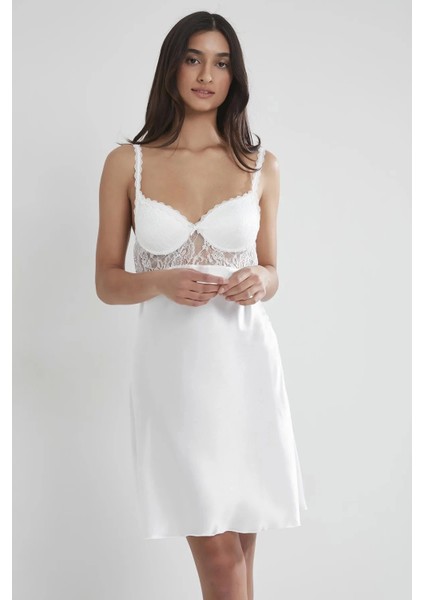 Saten Dantelli Gecelik ve Sabahlık Takımı 4090 - Ekru fırsatları