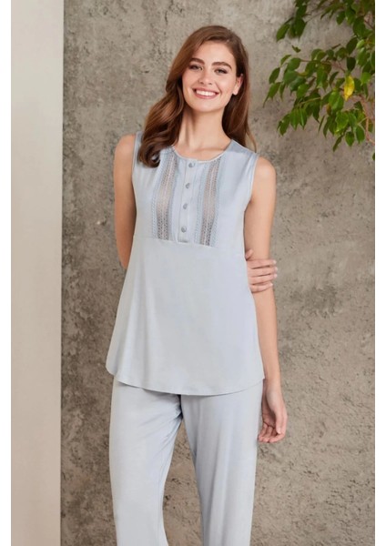 Dantelli Penye 3'lü Kadın Pijama Takımı 2800 - Mist