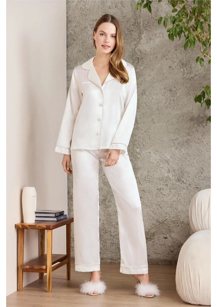 Saten Biyeli Pijama Takımı 1200 - Ekru fiyatları