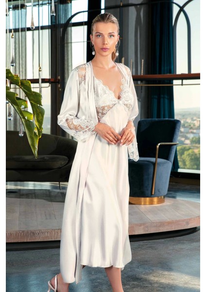 Saten Dantelli Ekru Gecelik Sabahlık Takım 5184