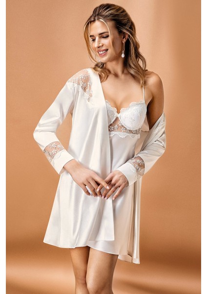 Kaplı Saten Ekru Kimono Takım 5384