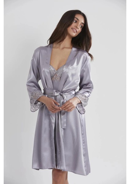 Saten Dantelli Gecelik ve Sabahlık Takımı 4075 - Royal