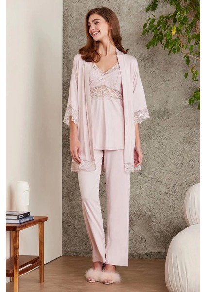 Dantelli Penye 3'lü Kadın Pijama Takımı 2810 - Pudra