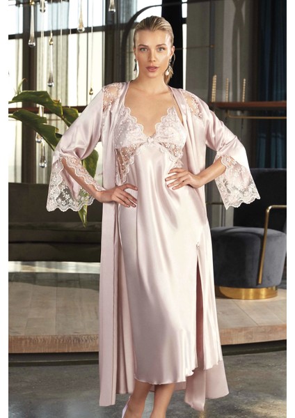 Saten Dantelli Pudra Gecelik Sabahlık Takım 5184