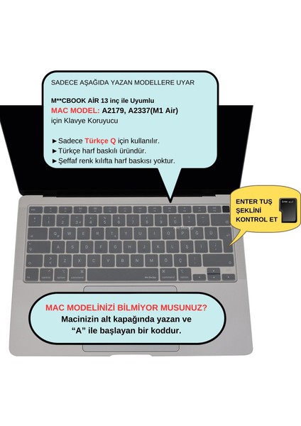 Macbook Air M1 Klavye Kılıfı Türkçe Q Baskı A2179 A2337 ile Uyumlu