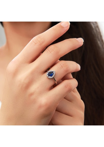 925 Ayar Rodyum Kaplama Damla Safir Taşlı Gümüş Yüzük fiyatları