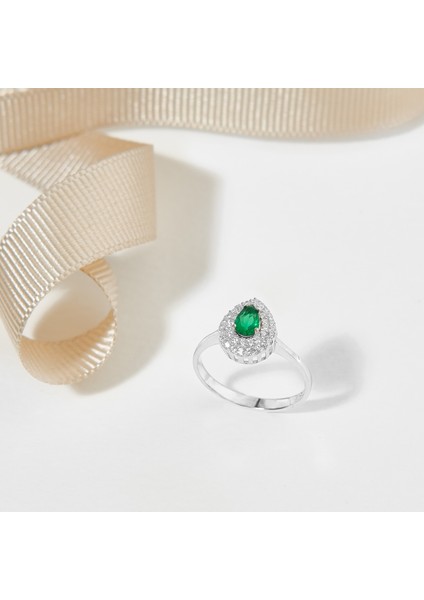 925 Ayar Radyum Kaplama Damla Zümrüt Taşlı Gümüş Yüzük