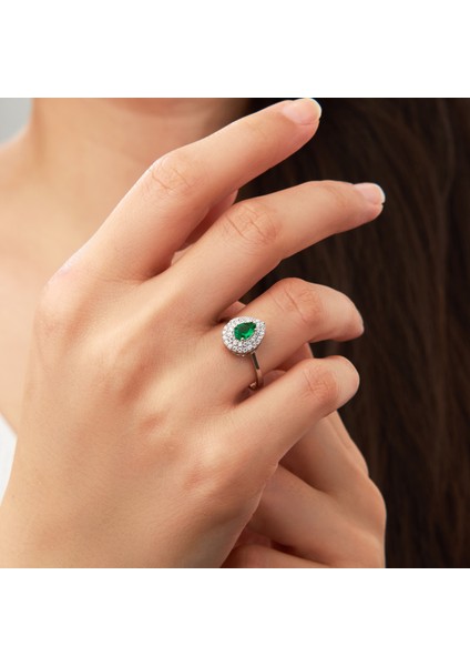 925 Ayar Radyum Kaplama Damla Zümrüt Taşlı Gümüş Yüzük fiyatları