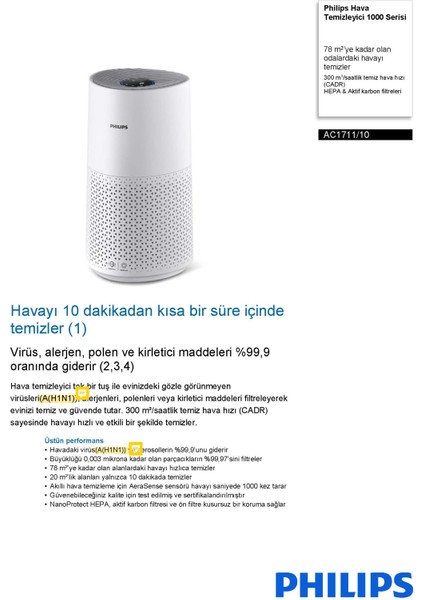 1000 AC1711/10 Air Purifier Hava Temizleme Cihazı