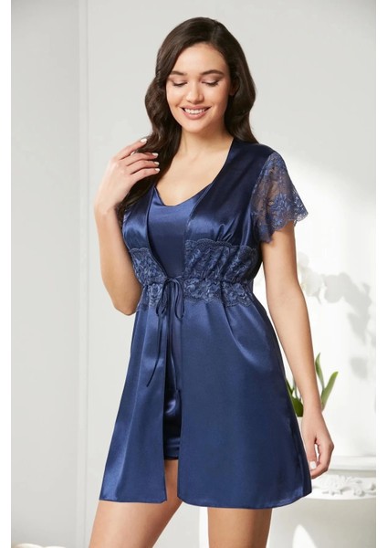 Saten Dantelli 3'lü Şort Kombi Sabahlık Takımı 2480 - Lacivert