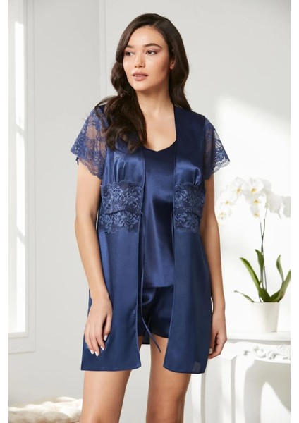 Saten Dantelli 3'lü Şort Kombi Sabahlık Takımı 2480 - Lacivert fiyatları