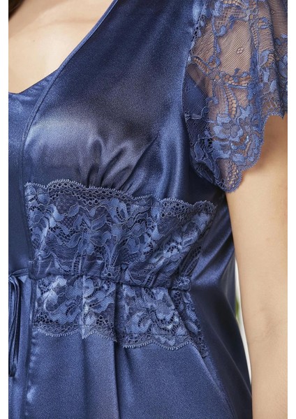 Saten Dantelli 3'lü Şort Kombi Sabahlık Takımı 2480 - Lacivert modelleri