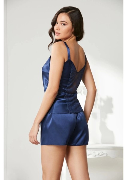 Saten Dantelli 3'lü Şort Kombi Sabahlık Takımı 2480 - Lacivert indirimleri