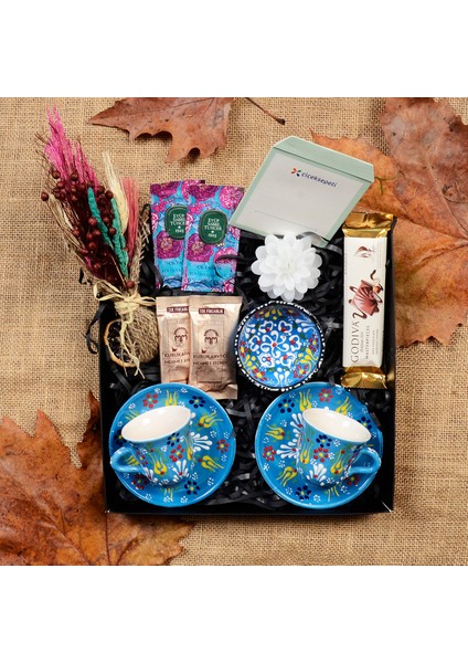El Yapımı Çini Kahve Fincanı & Godiva Çikolata & Kahve & Mum & Kuru Buket &hediye Seti & Hediye Kutusu & Hediye Sepeti