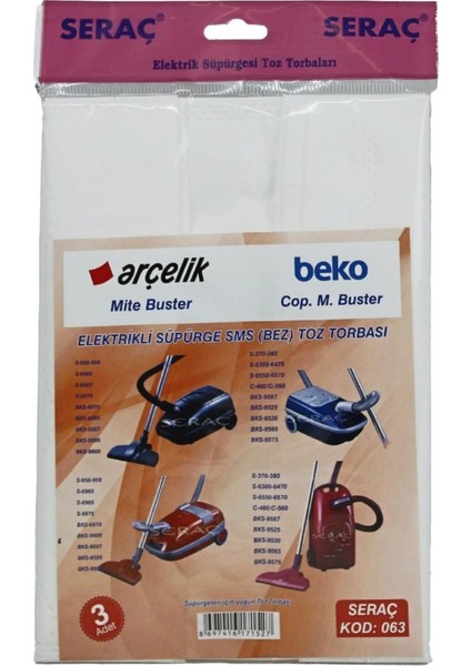 Seraç Arçelik Compak Mite Buster Süpürge Torb. 3 Lü KD:063