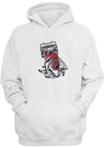 Unisex Rapper Fly Baskılı Beyaz Normal Kalıp Şardonlu Kalın Sweatshirt