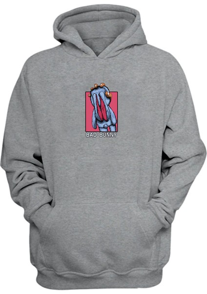 Unisex Bad Bunny Baskılı Gri Normal Kalıp Şardonlu Kalın Sweatshirt