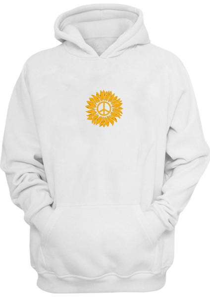 Unisex Barış Işareti ve Papatya Baskılı Beyaz Normal Kalıp Şardonlu Kalın Sweatshirt