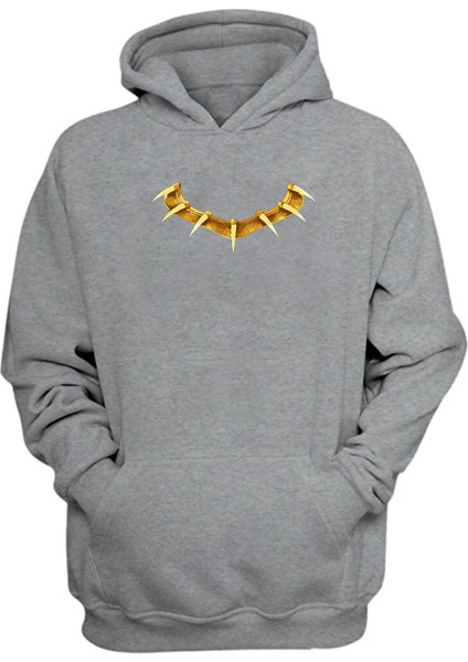 Unisex Black Panther Kolye Baskılı Gri Normal Kalıp Şardonlu Kalın Sweatshirt