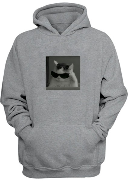 Unisex Gözlüklü Kedi Baskılı Gri Normal Kalıp Şardonlu Kalın Sweatshirt
