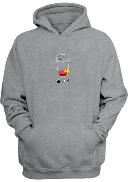 Unisex Kahve ve Enerji Baskılı Gri Normal Kalıp Şardonlu Kalın Sweatshirt
