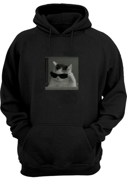 Unisex Gözlüklü Kedi Baskılı Siyah Normal Kalıp Şardonlu Kalın Sweatshirt