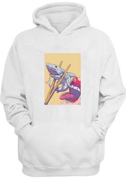 Unisex Köpek Balığı Suşi Baskılı Beyaz Normal Kalıp Şardonlu Kalın Sweatshirt