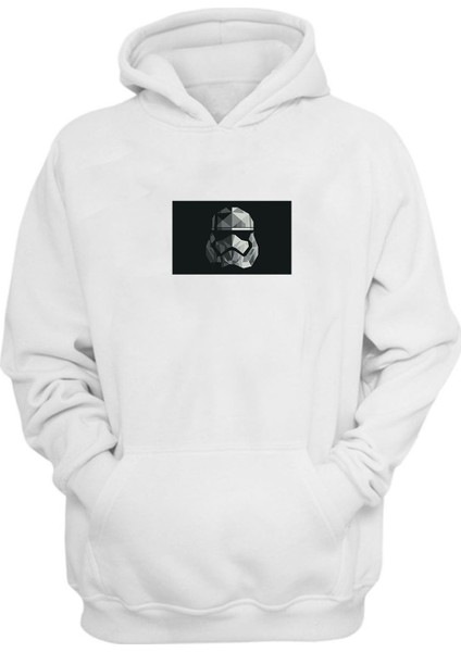 Unisex Star Wars Kask Baskılı Beyaz Normal Kalıp Şardonlu Kalın Sweatshirt