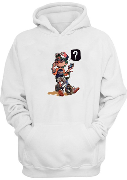 Unisex Lost Bicycle Boy,bm-B Baskılı Beyaz Normal Kalıp Şardonlu Kalın Sweatshirt