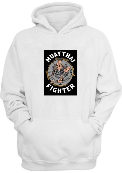 Unisex Muathaı Fıghter Baskılı Beyaz Normal Kalıp Şardonlu Kalın Sweatshirt