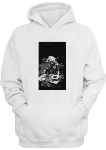 Unisex Star Wars Dj Yoda Baskılı Beyaz Normal Kalıp Şardonlu Kalın Sweatshirt