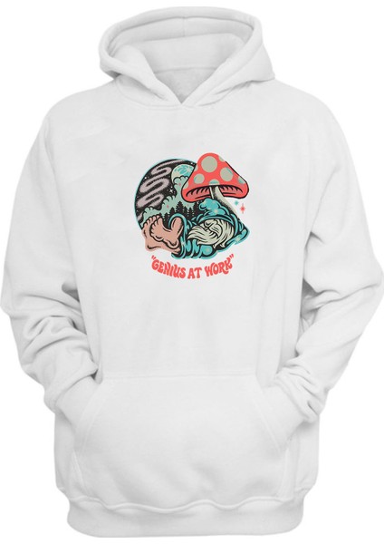 Unisex Genius At Work Baskılı Beyaz Normal Kalıp Şardonlu Kalın Sweatshirt