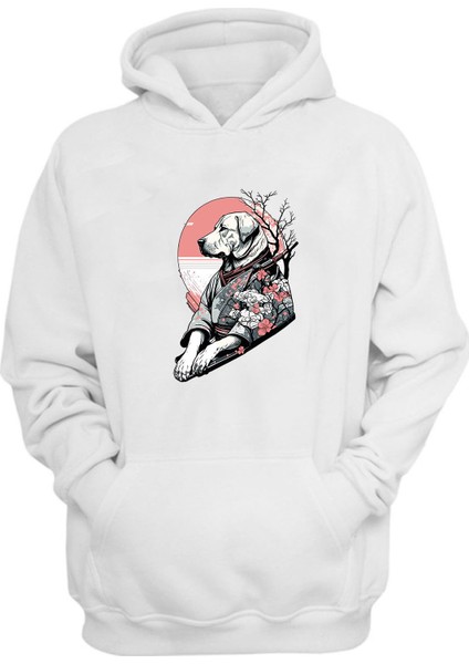 Unisex Samuray Dog Baskılı Beyaz Normal Kalıp Şardonlu Kalın Sweatshirt