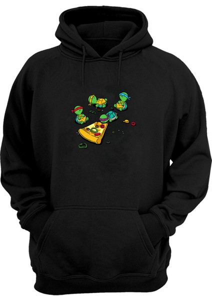 Unisex Ninja Kaplumbağalar ve Pizza Baskılı Siyah Normal Kalıp Şardonlu Kalın Sweatshirt
