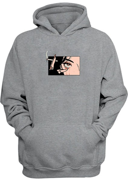 Unisex Anime Karekter Göz Yaşı Baskılı Gri Normal Kalıp Şardonlu Kalın Sweatshirt