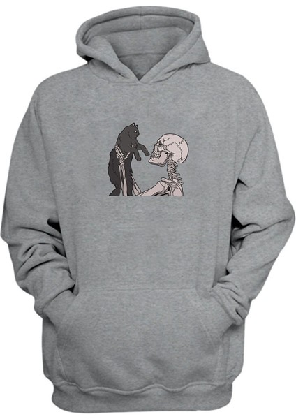 Unisex Skull And Cat Kedi Sevgisi Baskılı Gri Normal Kalıp Şardonlu Kalın Sweatshirt