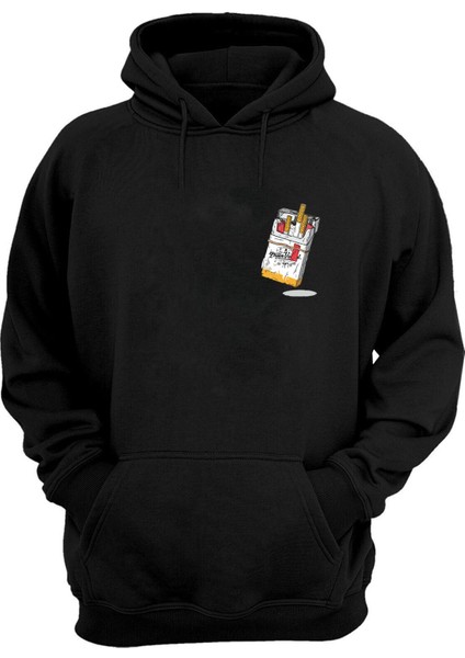 Unisex Pack Of Cigarettes Baskılı Siyah Normal Kalıp Şardonlu Kalın Sweatshirt