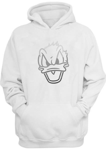Unisex Cartoon Character Duck Baskılı Beyaz Normal Kalıp Şardonlu Kalın Sweatshirt