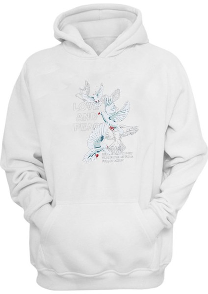 Unisex Love And Peace ,güvercin Baskılı Beyaz Normal Kalıp Şardonlu Kalın Sweatshirt