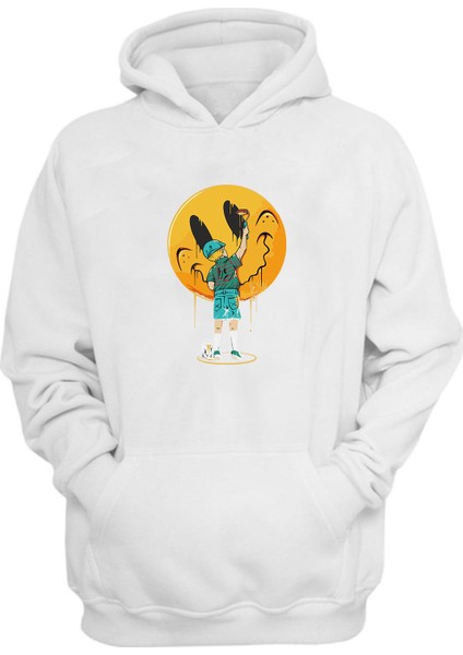 Unisex Gülen Yüz Çizen Çocuk Baskılı Beyaz Normal Kalıp Şardonlu Kalın Sweatshirt