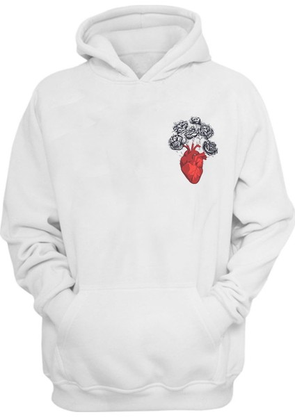 Unisex Heart With Fading Flowers Baskılı Beyaz Normal Kalıp Şardonlu Kalın Sweatshirt