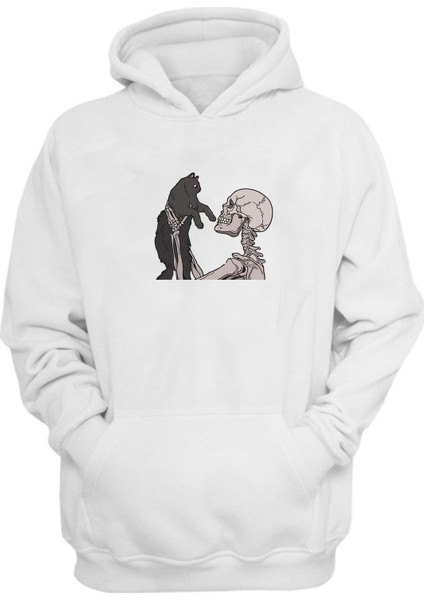 Unisex Skull And Cat Kedi Sevgisi Baskılı Beyaz Normal Kalıp Şardonlu Kalın Sweatshirt
