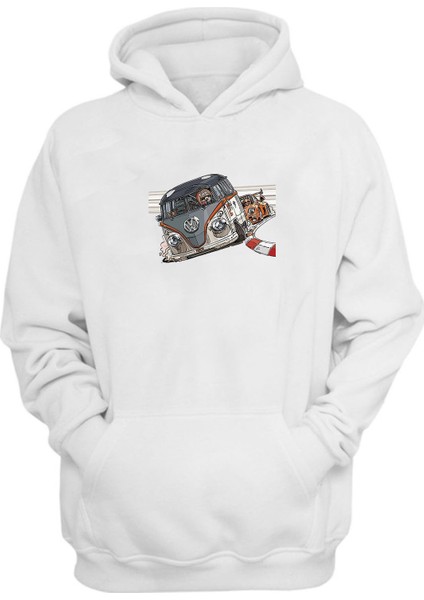 Unisex Araba Yarışı Vosvos Baskılı Beyaz Normal Kalıp Şardonlu Kalın Sweatshirt